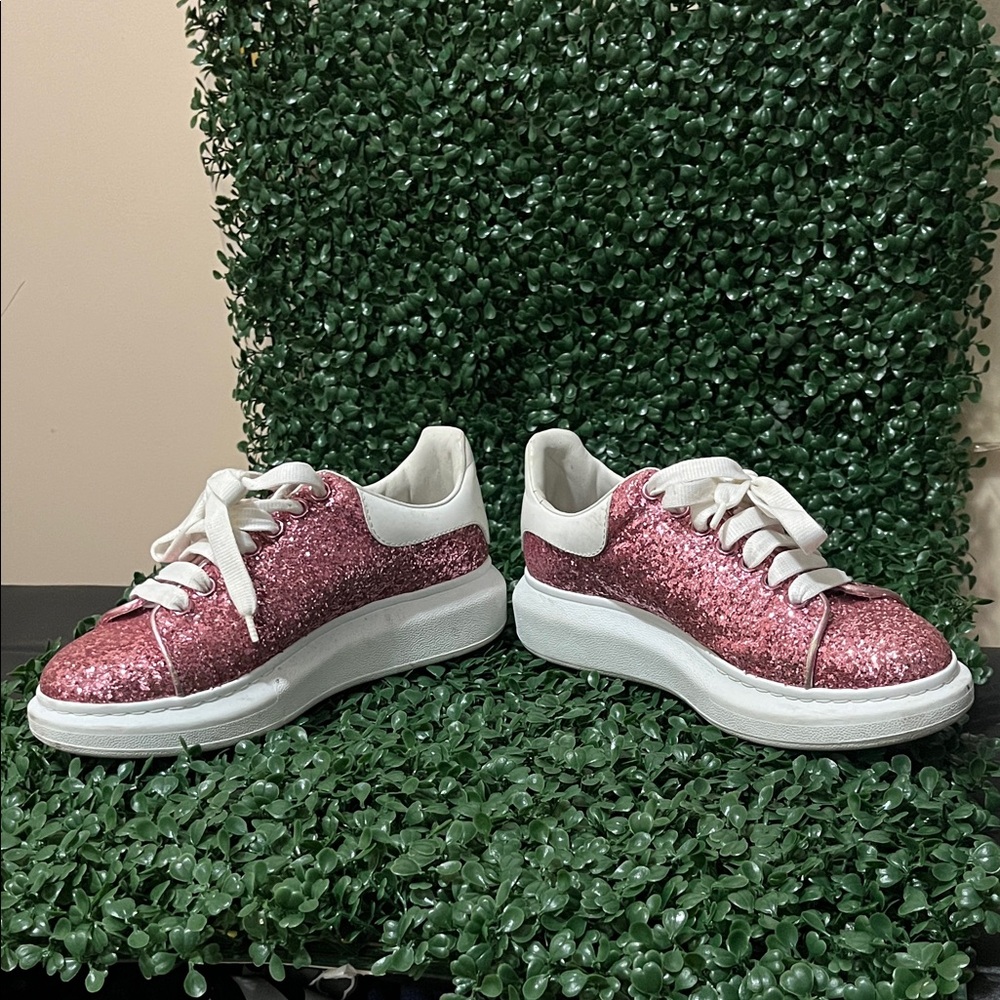 Authentic Pink Glitter Alexander McQueen sneaker with White Laces